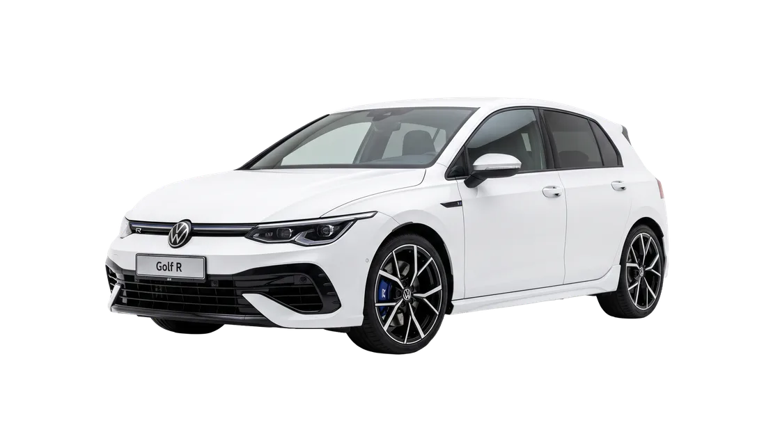 Studio render of a white Volkswagen Golf hatchback