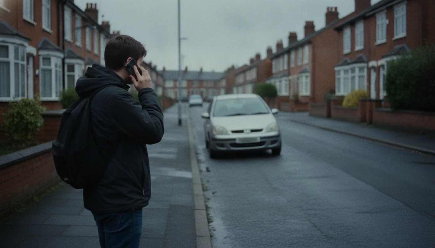 Someone standing on a residential street making a phone call, a used car parked further down the kerb