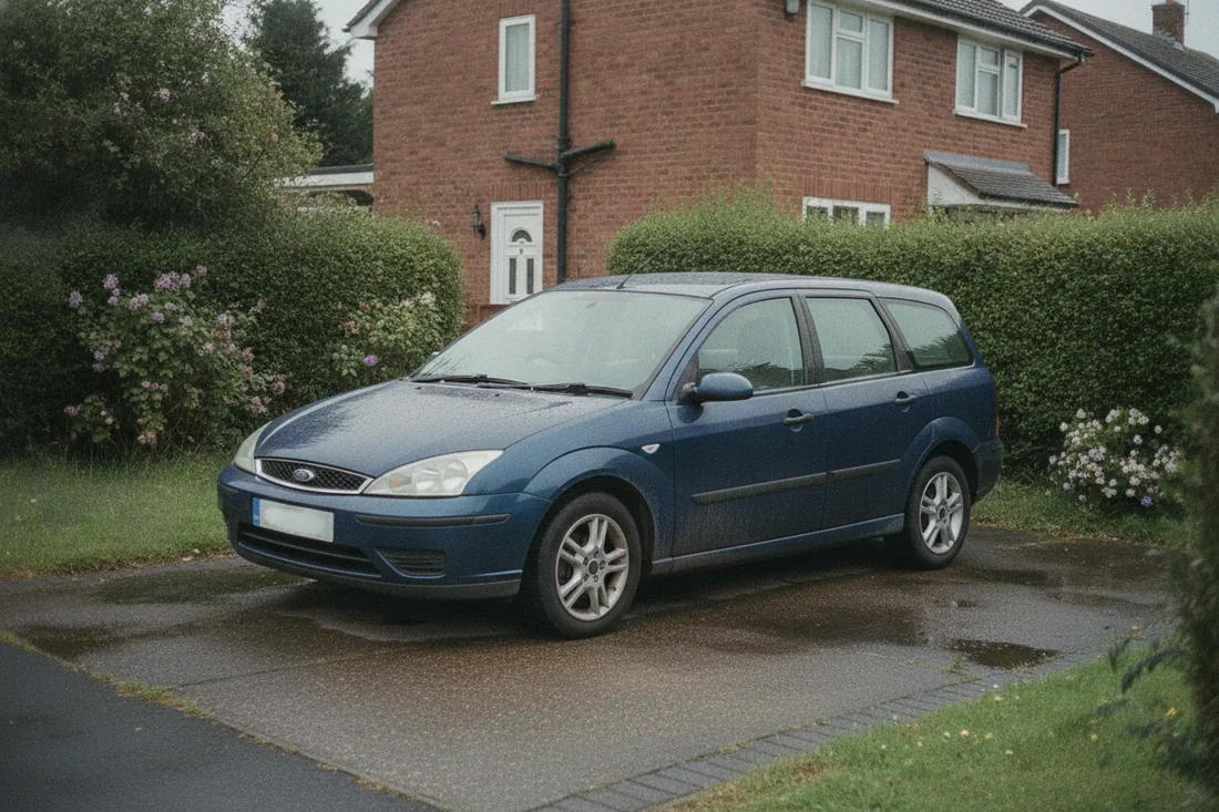 A used estate car parked on a wet suburban driveway on an overcast day