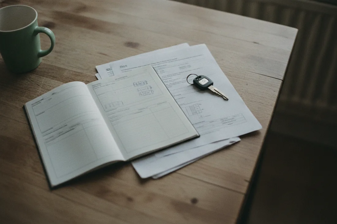 Vehicle paperwork and a set of car keys spread on a kitchen table