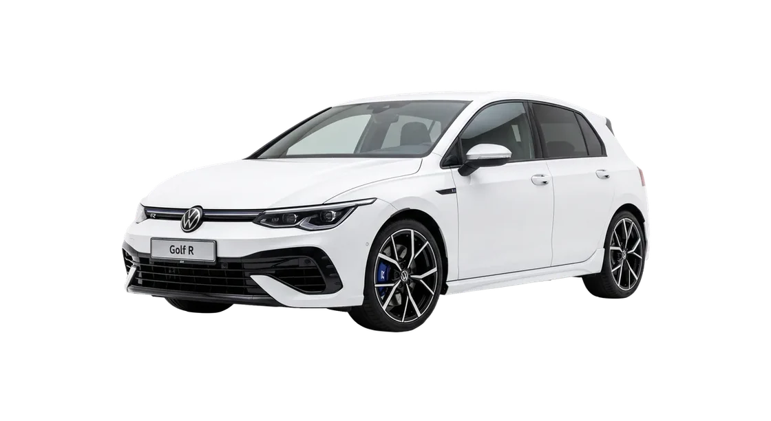 Studio render of a white Volkswagen Golf hatchback