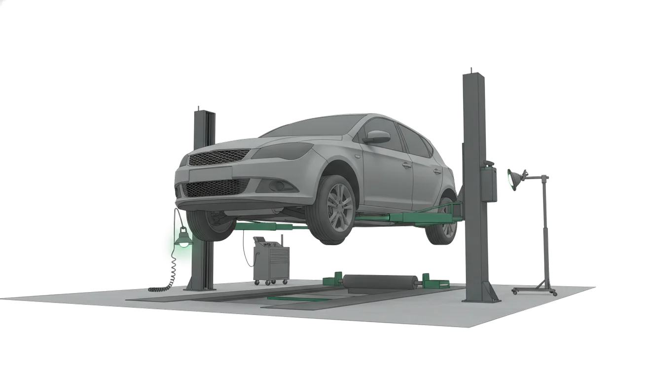 A car raised on a two-post lift in an MOT testing bay, with a brake tester in the floor and a headlamp beam tester alongside.