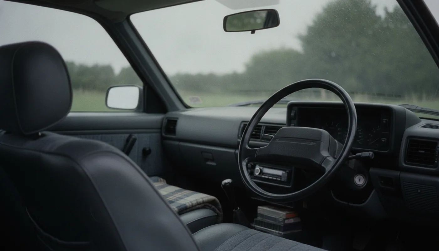 The worn driver's seat and steering wheel of an older car, seen from the back seat