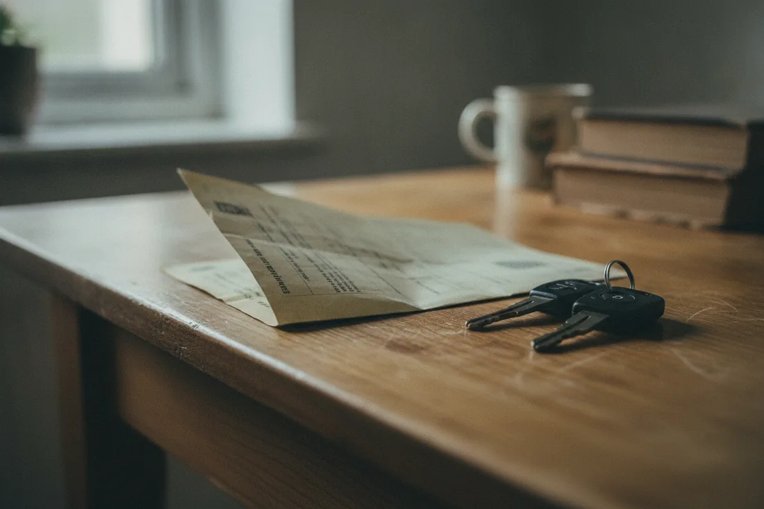 A folded vehicle registration document and a set of car keys on a kitchen table