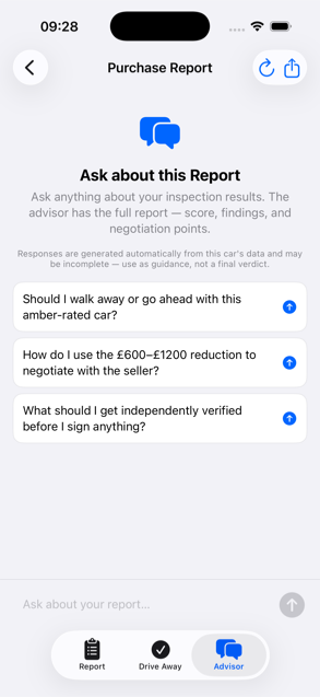 AutoSpect Advisor chat answering questions about the vehicle