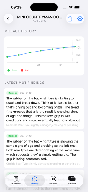 AutoSpect MOT history screen with mileage chart and test records