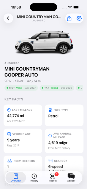 AutoSpect vehicle overview: MINI Countryman with MOT, tax and key facts