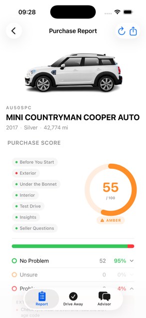 AutoSpect purchase report with amber 55/100 score