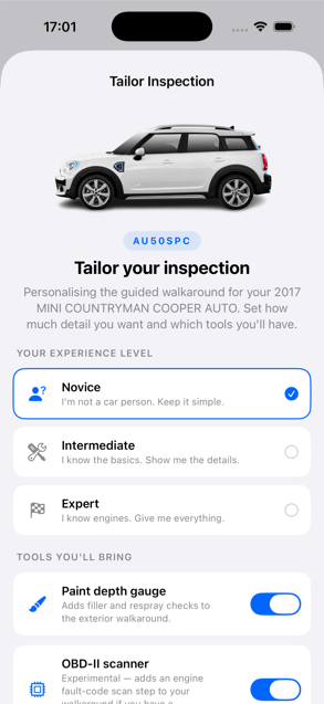 AutoSpect tailored inspection setup for a specific vehicle