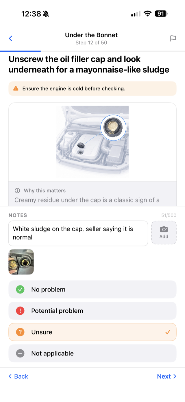 AutoSpect guided walkaround: an under-the-bonnet oil filler cap check with a photo-backed note